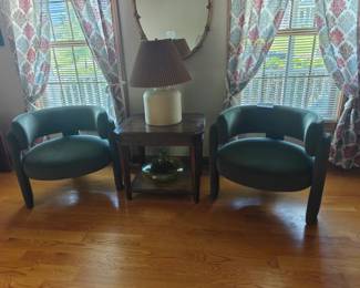 013 – Pair of Green Velour Modern Chairs 31" W × 25" D × 30" H
