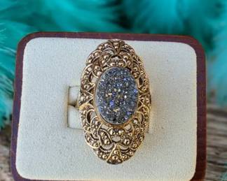 107 Vintage Filigree Cocktail Ring With Druzy Centerpiece