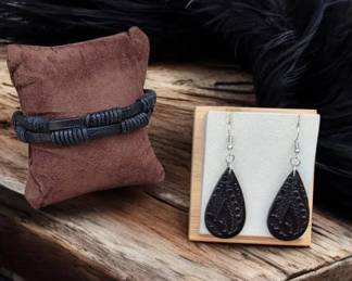 092 Black Leather Tribal Designer Earrings Double Strand Black Leather Bracelet