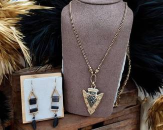 123 Arrowhead Pendant With Pyrite Necklace Geometric Black Tourmaline Long Drop Earrings