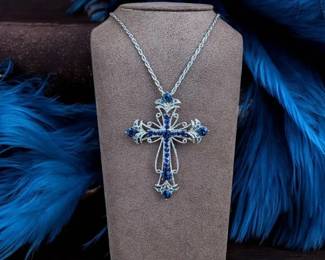 030 Heavenly Blue Stone Religious Cross Pendant Necklace