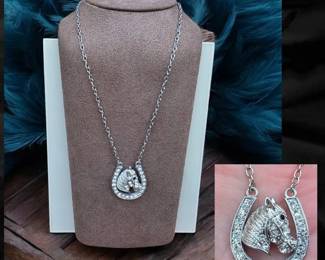 091 Horseshoe With Horse Swarovski Crystals Necklace