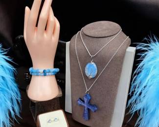 009 Opal Tree Of Life Necklace, Blue Crackle Agate Bracelets, Cross Necklace Earrings