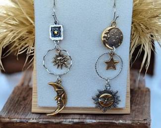 025 Celestial Sun Moon Two Tone Drop Dangle Earrings