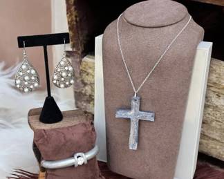015 Gunmetal Gray Religious Cross Necklace, Earrings Bracelet