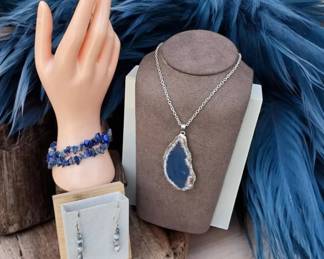 117 Blue Agate Geode Slice Necklace Lapis Luzuli Bracelet Rutile Quartz Earrings