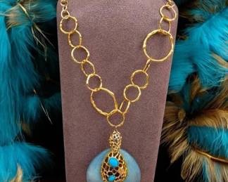 070 ALEXIS BITTAR Large Teal Blue Lucite Pendant Necklace Turquoise Stones Vintage