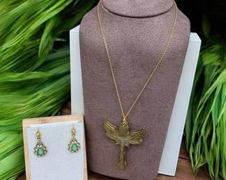 074 Distressed Ornate Cross Pendant Necklace Earrings