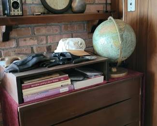 Kroehler mid-century dresser, globe, wall art, etc