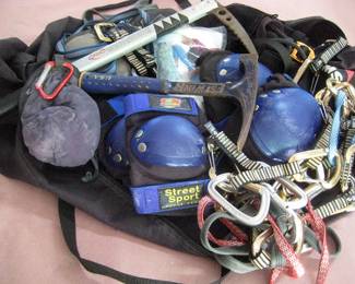 Mountain climbing gear with Black Diamond Red ice climbing ax.