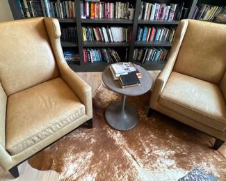 Button-Tufted Leather Wingback Accent Chairs -set of 2 (books not for sale) & Cowhide Rug