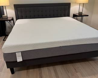 King size cloth head board and frame - dark gray, 2 rechargeable end tables and lamps. Mattress is NOT FOR SALE