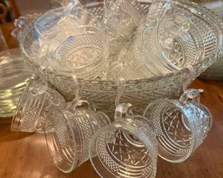 Vintage Anchor Hocking punch bowl, stand and cups