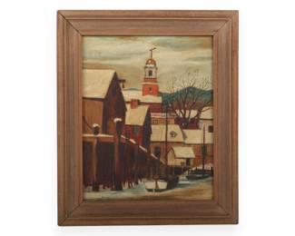 American School, Mid-20th Century, Winter Harbor Scene with Church Tower