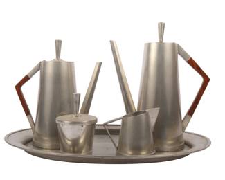 A Set of Mid-Century Modern H.K. Oka Hand-Wrought Indonesian Banka Tin and Teak Beverage Service