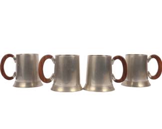 A Set of Four Indonesian Banka Tin Modernist Tankards with Wooden Handles