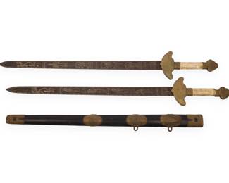 A Pair of Chinese Twin Swords (Shuangjian) in Shared Scabbard, Late 19th to Early 20th Century