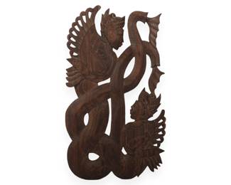 Balinese Hand Carved Wood Relief Plaque Depicting Mythological Figures and Naga