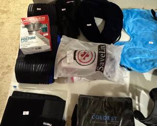 Assorted Medical Support and Wellness Items Mueller Posture Support, Neck Pillow, Heated Pad, SaveLix Item, Freedom Knee Brace, Coldest Water Product
