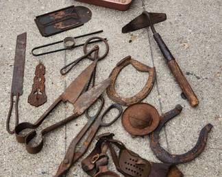 Antquie sheep sheer set & other farm tools