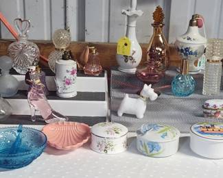 Perfume Bottles, porcelain and glass jewelry boxes and trinket trays