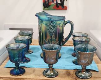 Stunning Carnival Glass large picture with seven goblets