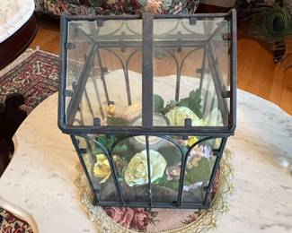 Vintage Metal and Glass Terrarium with Faux Floral Arrangement