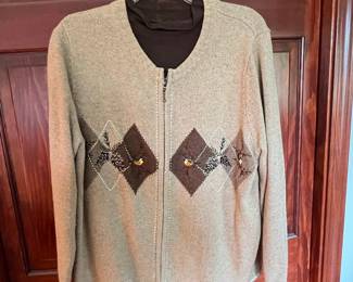 Croft & Barrow Women's Argyle Bird & Floral Embroidered Zip-Up Cardigan with Mock Neck Underlayer
