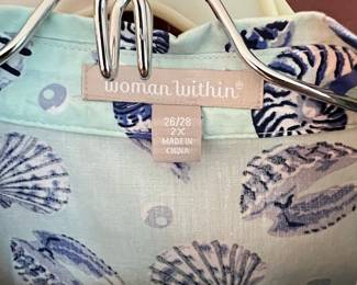 Woman Within Seashell Print Button-Up Shirt and Linen Blend Pants Set