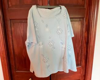 Light Blue Embroidered Blouse with Gingham Trim