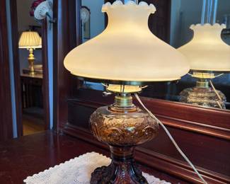 Amber Glass "Princess Feather" Oil Lamp with Frosted Shade