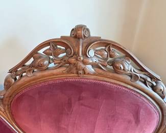 Victorian Carved Walnut and Velvet Settee, Rococo Revival Style