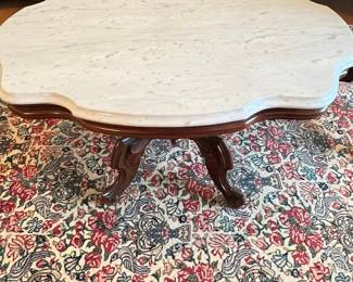 Antique Victorian Walnut Marble Top Turtle Top Parlor Table