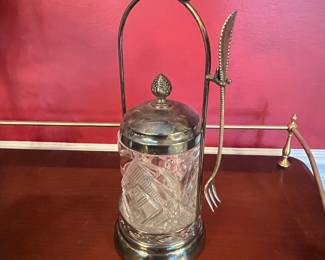 Victorian Silver Plate and Crystal Pickle Castor with Knife