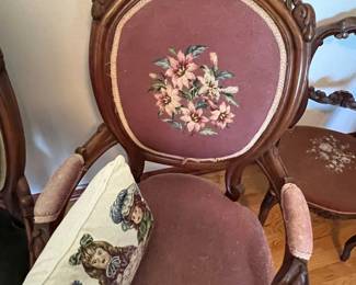 Victorian Walnut Parlor Chair with Floral Needlepoint Upholstery
