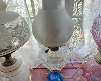 Cobalt Blue Hobnail Glass Table Lamp with Frosted Etched Shade
