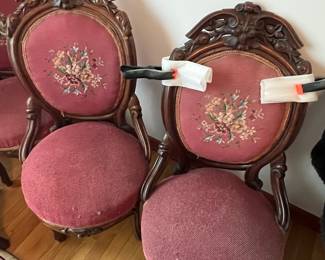 Victorian Carved Walnut Salon Chairs with Needlepoint Upholstery, attributed to John Henry Belter