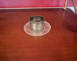 Vintage Etched Glass Plate with Silver-Plated Napkin Ring