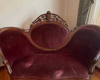Victorian Carved Walnut and Velvet Settee, Rococo Revival Style
