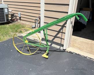 Vintage Single Wheel Plow / Cultivator with Green Frame and Yellow Wheel