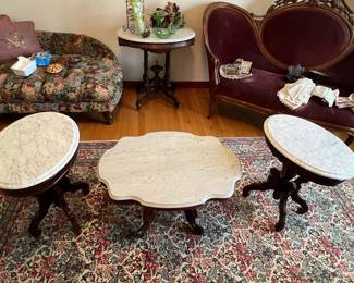 Victorian Walnut Marble Top Parlor Tables Set