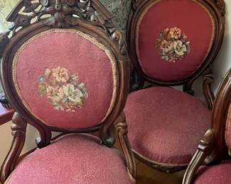 Victorian Carved Walnut Parlor Chairs with Needlepoint Upholstery