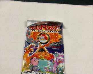 Five unopened packs of 1996 ¥291 Pokémon cards. Incredibly rare. Please call before you come in because these will be locked away.