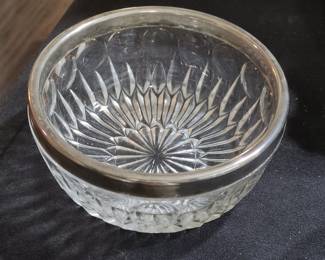 Vintage Leonard Italy Cut Crystal Bowl with Silver Plated Rim