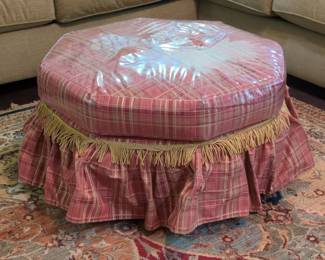 Octagonal Upholstered Ottoman with Tassel Skirt and Plaid Fabric