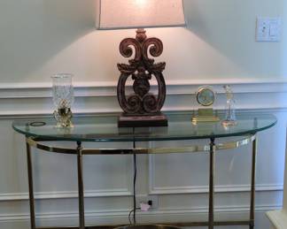 LaBarge Style Brass and Glass Demilune Console Table