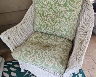 White Wicker Armchair with Green Swirl Cushions