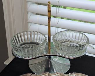 Vintage Kromex Condiment Caddy with Glass Bowls and Spoons
