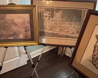 Framed Art Prints (Lot of 3) - Pastoral Scene, Rustic Interior, Leopard Portrait
