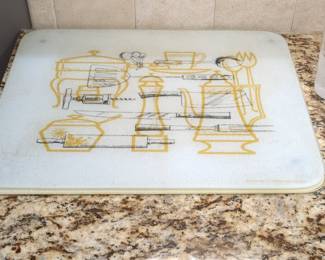 Vintage Vance Industries Glass Cutting Board with Kitchenware Graphics